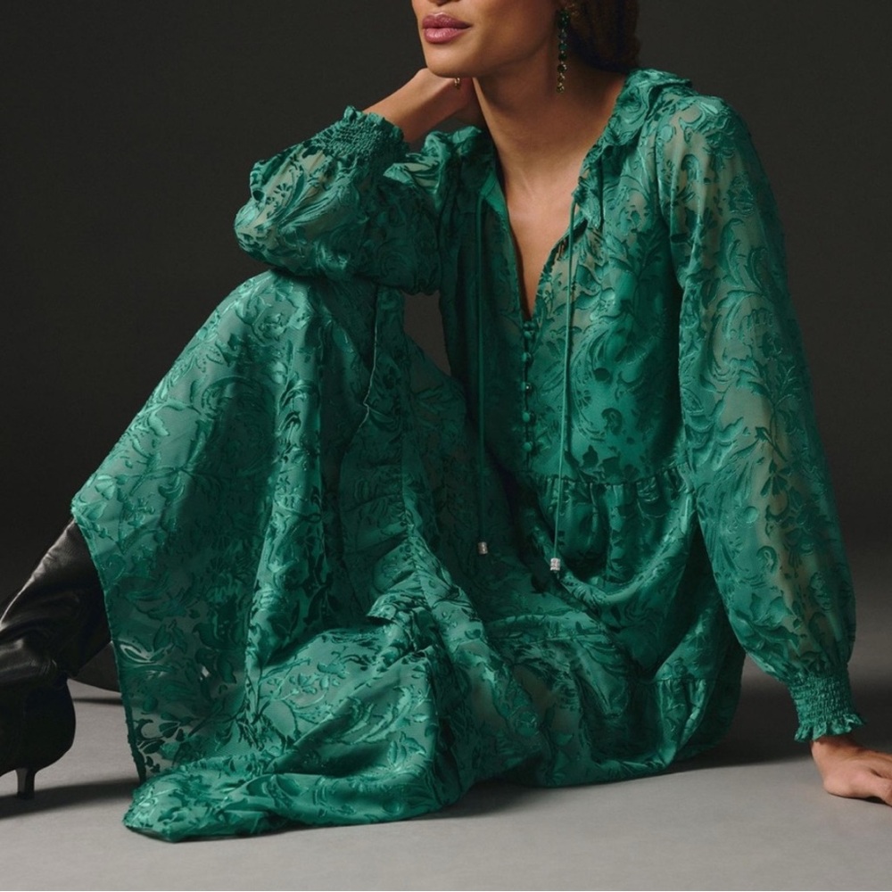 NWT Anthropologie Marais Maxi Dress: Satin-Burnout Emerald Green XS